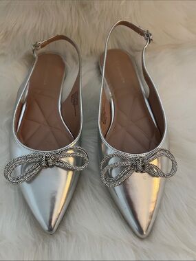 BCBGeneration Silver Pointed Slingback Flats with Crystal Bow Accent